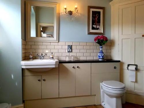 a bathroom with a sink and a toilet and a mirror at No 6 The Square Tearooms & Accommodation in Buxton