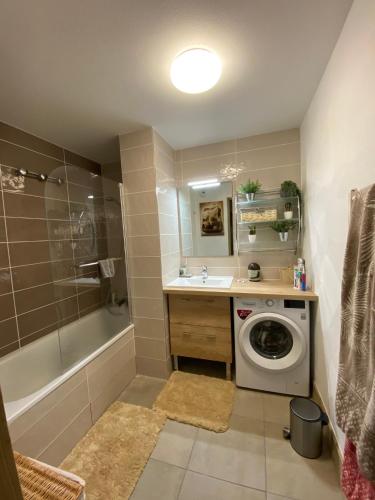 une salle de bain avec un lavabo et une machine à laver dans l'établissement Les 7 laux immobilier chalet F, à Prapoutel