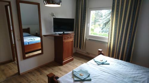ein Hotelzimmer mit einem Bett und einem Spiegel in der Unterkunft Apartment Alban in Berlin