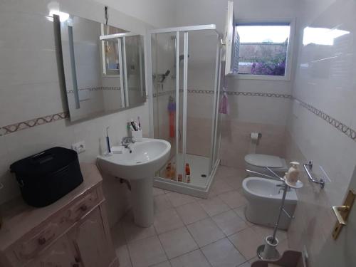 uma casa de banho com um chuveiro, um lavatório e um WC. em Casa Gori em Punta Ala