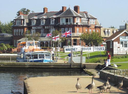 a group of geese standing in front of a house at Wherry Hotel in Lowestoft
