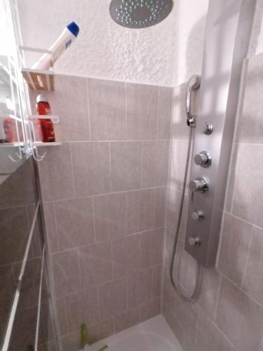 une salle de bain avec douche et toilettes dans l'établissement Studio vue sur la mer au 6ème et dernier étage, à Canet