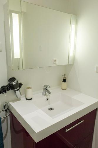 a bathroom with a white sink and a mirror at Le Gérémoy in Vittel