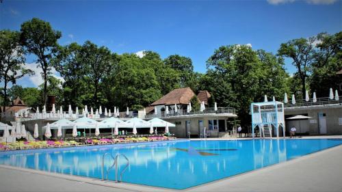 una piscina in un resort con ombrelloni bianchi di Drevny Grad Park-hotel a Lviv