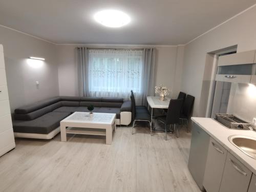 salon z kanapą i stołem w obiekcie APARTAMENT Magurka w mieście Rycerka Górna