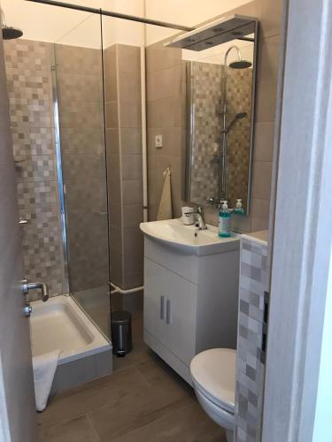 a bathroom with a sink and a toilet and a shower at STUDIO APARTMANI PAOLA in Rijeka