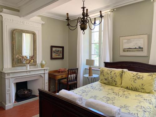 a bedroom with a bed and a fireplace at La Souqueto in Mirepeisset