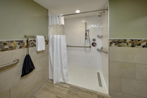 a bathroom with a shower with a shower curtain at The Inn On The River in Pigeon Forge