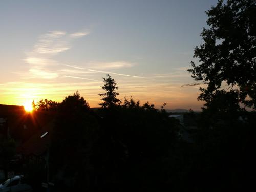 the sun is setting over the trees in the distance at Leiselheimer Hof in Sasbach am Kaiserstuhl