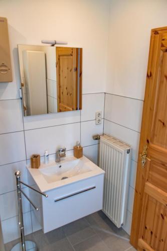 a bathroom with a sink and a mirror and a radiator at Ferienwohnung Alpaka Blick in Schneppenbach