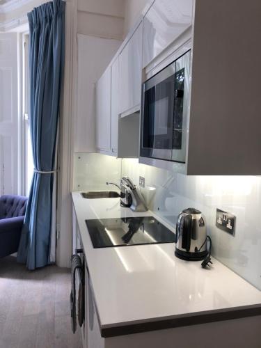 a kitchen with a sink and a toaster on a counter at Elsham Apartments in London