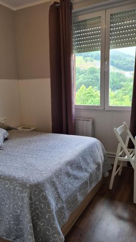1 dormitorio con 1 cama y ventana con silla en Pensión Bide-Ondo en Amorebieta-Etxano