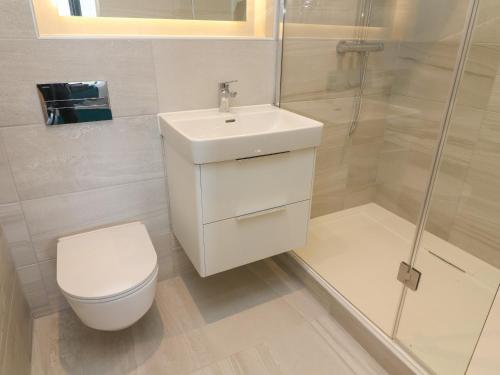 a bathroom with a toilet and a sink and a shower at The Works in Cononley