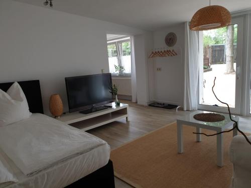 ein Wohnzimmer mit einem Bett und einem Flachbild-TV in der Unterkunft Ferienwohnung Lindenhof, zentrumsnah mit Terrasse und Grillmöglichkeit in Magdeburg