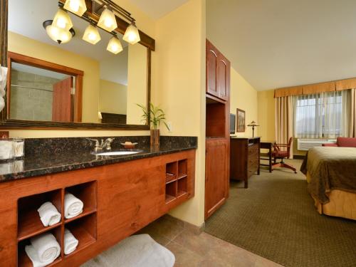 - une salle de bains avec lavabo et miroir dans une chambre d'hôtel dans l'établissement The Cody, à Cody