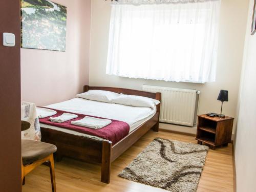 a bedroom with a bed and a window and a rug at Zamkowa Noclegi Restauracja in Drohiczyn nad Bugiem