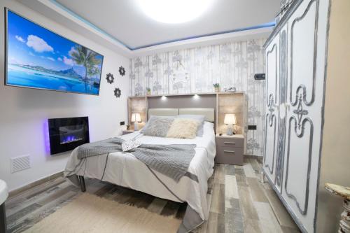 a bedroom with a large bed and a tv at LA VEGUILLA DELUXE JACUZZi in Alhama de Aragón