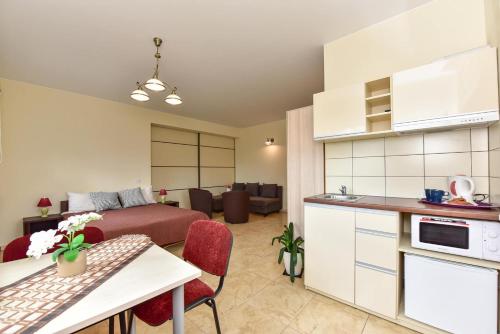 "Trakaitis" apartments in Villa في تراكي: مطبخ وغرفة معيشة مع سرير وأريكة