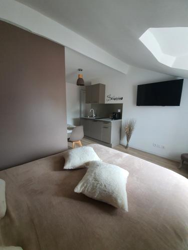 a bedroom with a large bed with two pillows on it at "Le Petit Paradis" au Centre Ville d'Oyonnax in Oyonnax