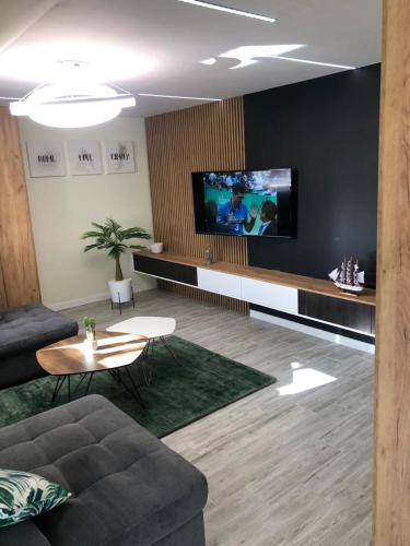 a living room with a couch and a tv on a wall at Apartament Łeba Kosciuszki Centrum in Łeba