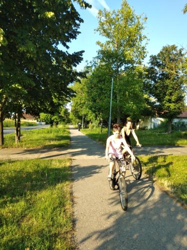 a man and a woman riding a bike down a path at Belegis Villa in Stari Banovci