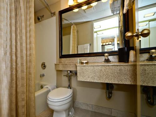 a bathroom with a toilet and a sink and a mirror at Ramada by Wyndham Plymouth Hotel & Conference Center in Plymouth