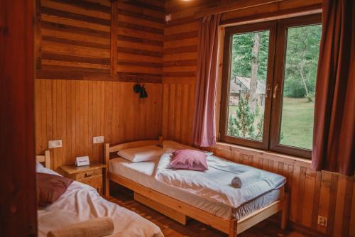 2 camas en una habitación con ventana en Marzysz Powoli, en Daleszyce