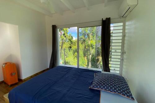 a bedroom with a blue bed with a large window at L'ylang ylang in Petit-Bourg