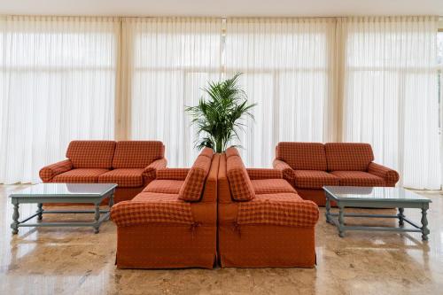 a living room with two couches and a potted plant at Hotel Happy in Milano Marittima