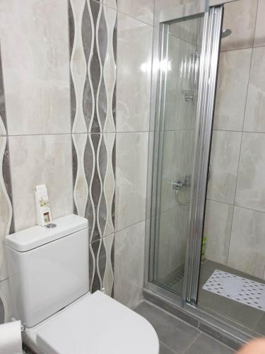 a bathroom with a toilet and a glass shower at Kyrenia Comfort Apartments in Kérynia