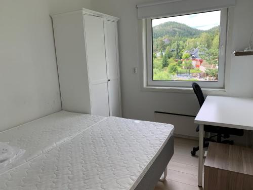 a bedroom with a bed and a desk and a window at Namsos Hybelhus in Namsos