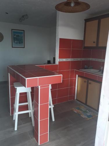 a red tiled kitchen with a counter and stool at LE VILLAGE DE CANADA in Faup