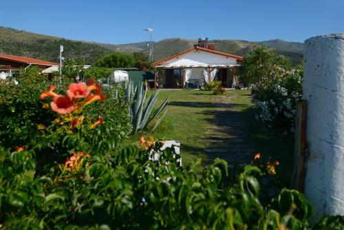 a garden with flowers and a house in the background at Blue Breeze in Prinos