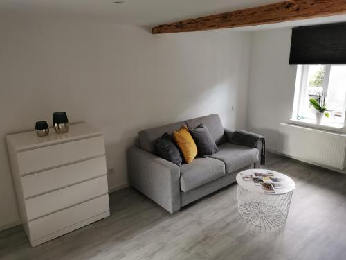 ein Wohnzimmer mit einem Sofa und einer Kommode in der Unterkunft Traumhaftes Apartment zentral in Bad Berleburg in Bad Berleburg
