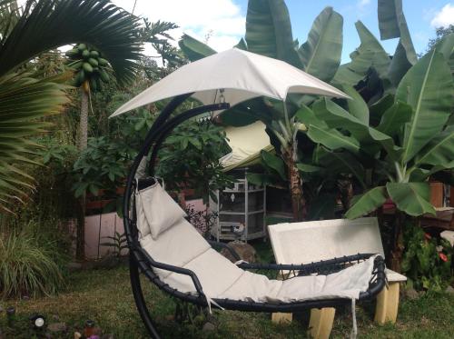a swinging chair with an umbrella in a garden at Chez Dolores in Le Bois de Nèfles