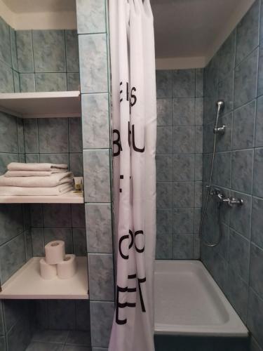 een badkamer met een douchegordijn en een badkuip bij Apartma Jerman in Kranjska Gora