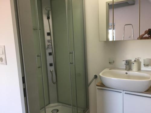 a bathroom with a glass shower and a sink at Pension Seeblick Latzko in Neusiedl am See