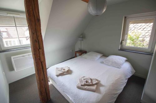 una camera da letto con un letto e asciugamani di La Cour de Berthe Est a Colmar