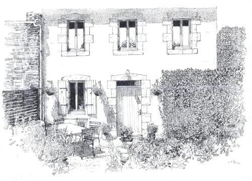a black and white drawing of a house at Granary at Kergudon Gîtes, family gîte with pool in Sizun