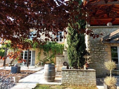 a stone house with a tree in front of it at La Lezardiere in Gourdon-en-quercy