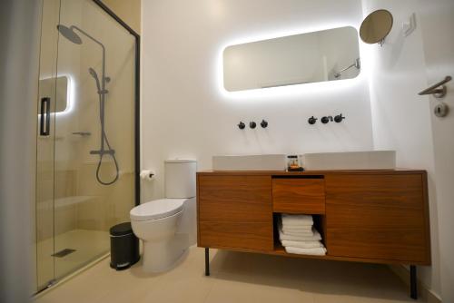 a bathroom with a toilet and a sink and a shower at O Paço - exclusive accommodation in Tomar