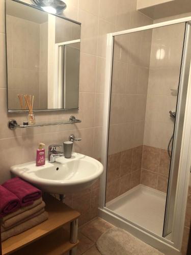 un bagno con lavandino e doccia di Maya a Portoroz