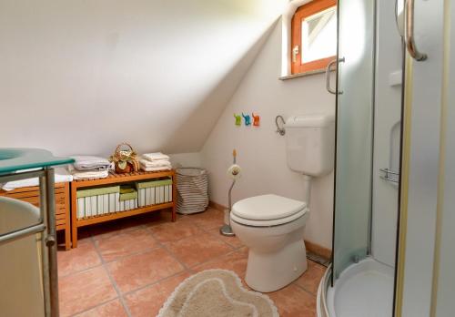 a bathroom with a toilet and a sink at Hmooyi Hill Cottage in Kolarovec