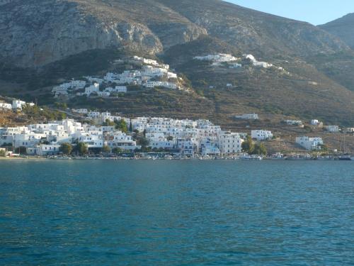 a group of white houses on a hill next to the water at Hotel Filoxenia in Aegiali