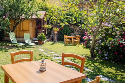a wooden table and chairs in a garden at Hotel Elena in Saint Vincent