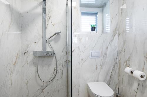 a bathroom with a shower with a toilet and a sink at Villa Aurora in Baška