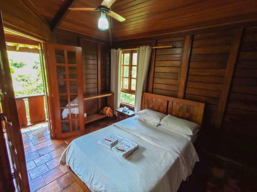 1 dormitorio con 1 cama y ventilador de techo en Hotel Fazenda Igarapés, en Igarapé