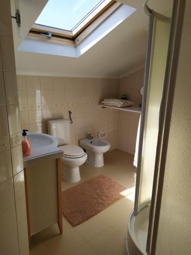 a bathroom with a toilet and a sink and a skylight at Amoreiras in Peniche