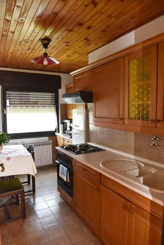 a kitchen with wooden cabinets and a stove top oven at Apartman Jadranka in Zaprešić