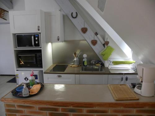 une cuisine avec un évier et un plan de travail dans l'établissement LE CENTRAL studio mezzanine, à Cauterets